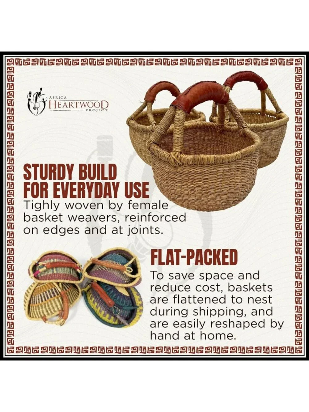Natural African Basket with Leather Handle - Handmade Bolga Market Basket 10